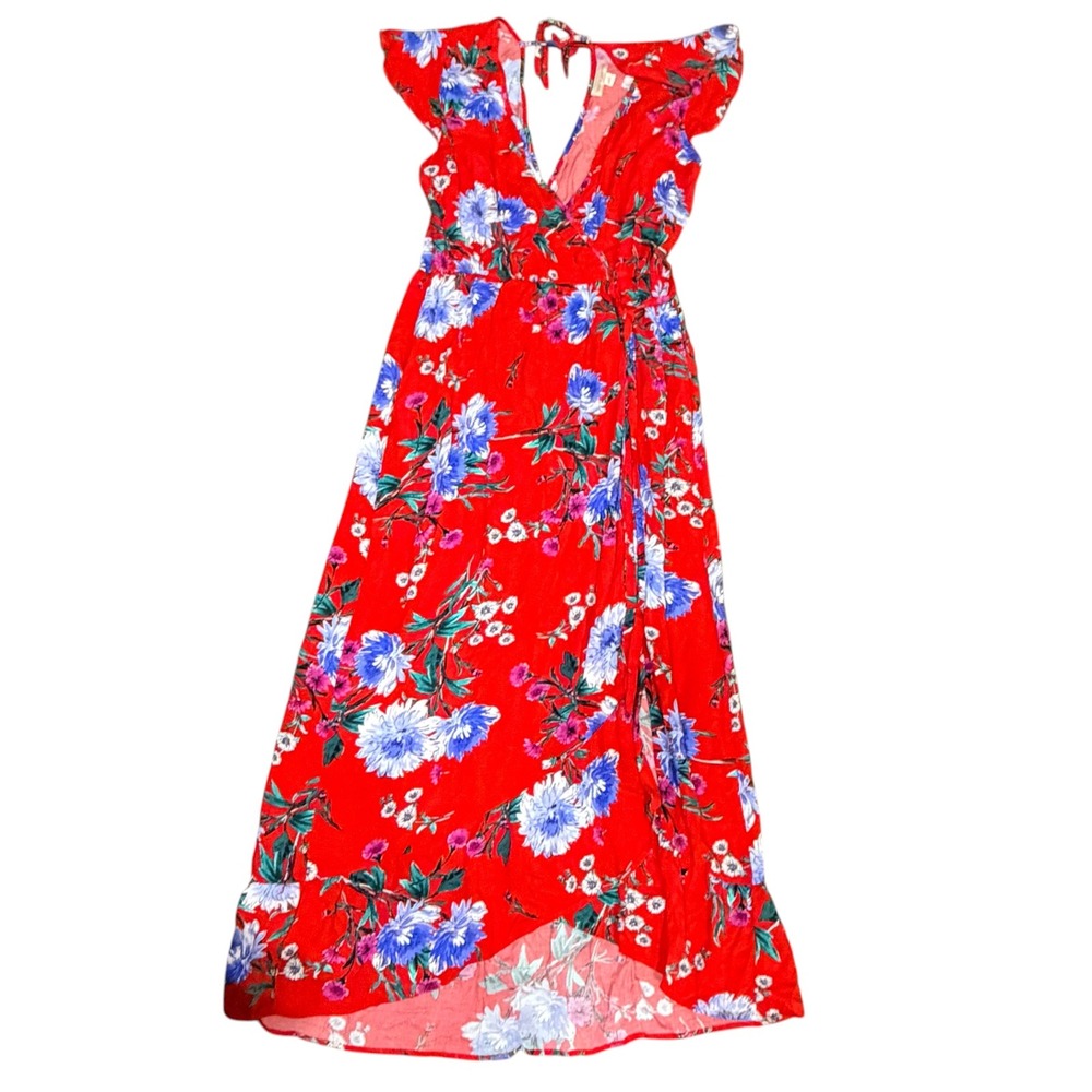 Band of Gypsies Red Floral‎ Maxi Dress Large Flutter Sleeve High Low Wrap Boho